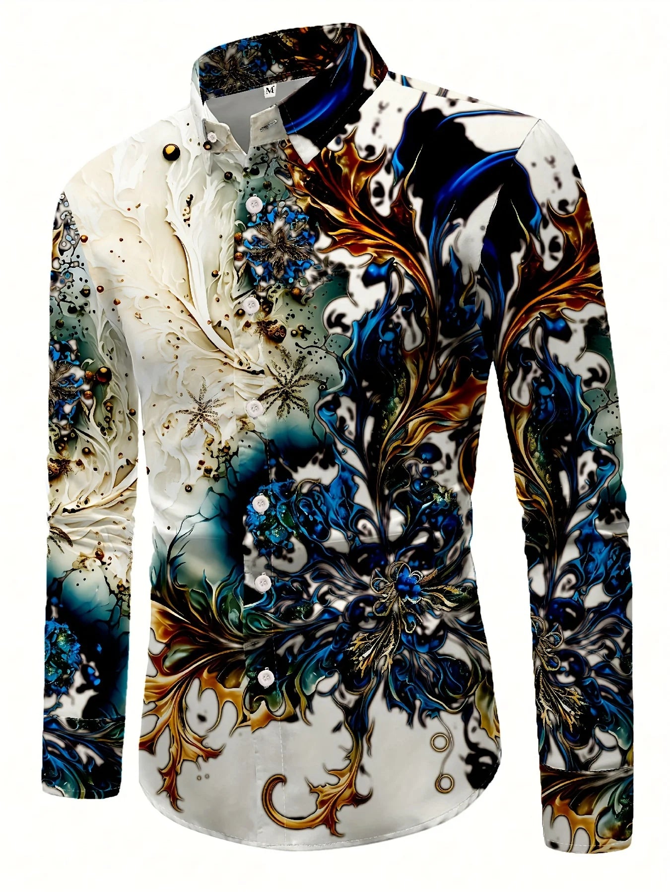 Men's Geometric-Patterned Casual Button-Down Shirt - Polyester Blend, Lapel Collar, Non-Stretch Fabric Long Sleeve Shirt