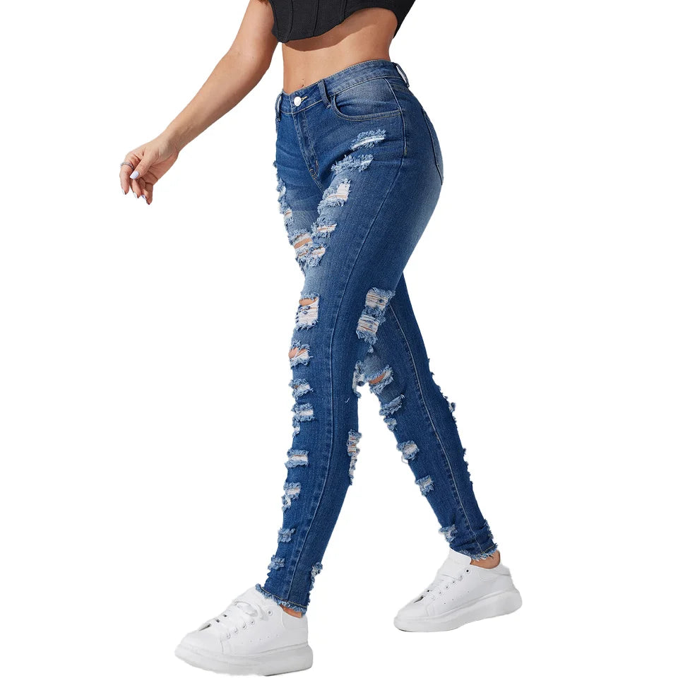 Wholesale Fashion Dark Blue High Stretchy Ripped Legging Women Denim Jeans Full Length Slim Fit Skinny Pencil Ladies Denim Pants