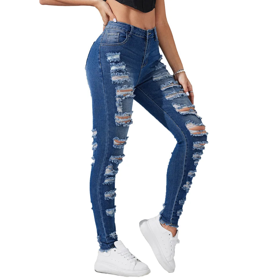 Wholesale Fashion Dark Blue High Stretchy Ripped Legging Women Denim Jeans Full Length Slim Fit Skinny Pencil Ladies Denim Pants