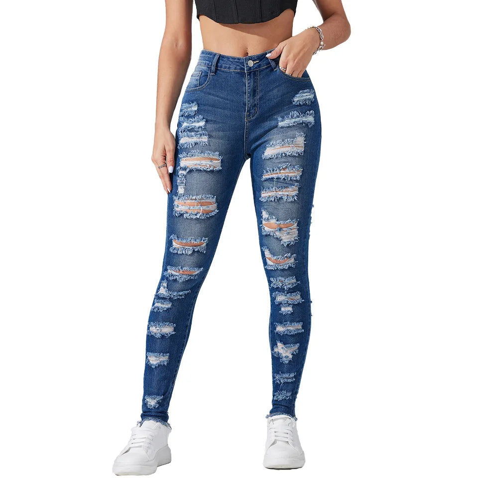 Wholesale Fashion Dark Blue High Stretchy Ripped Legging Women Denim Jeans Full Length Slim Fit Skinny Pencil Ladies Denim Pants