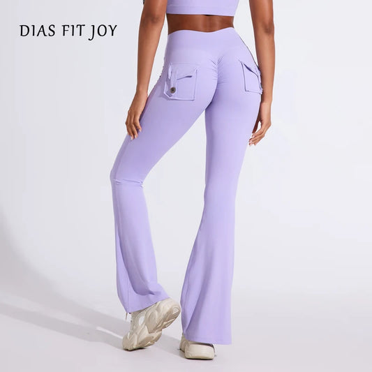 DIAS FIT JOY Women's pocket bell bottoms yoga high waisted hip lifting fitness pants quick drying running exercise fitness gym