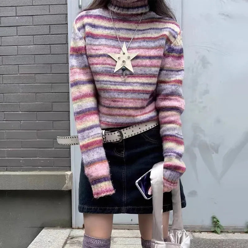 Karrram Japanese Y2k Turtleneck Sweater Vintage Rainbow Striped Pullover Korean Fashion Knitted Jumper Harajuku Grunge Knitwear