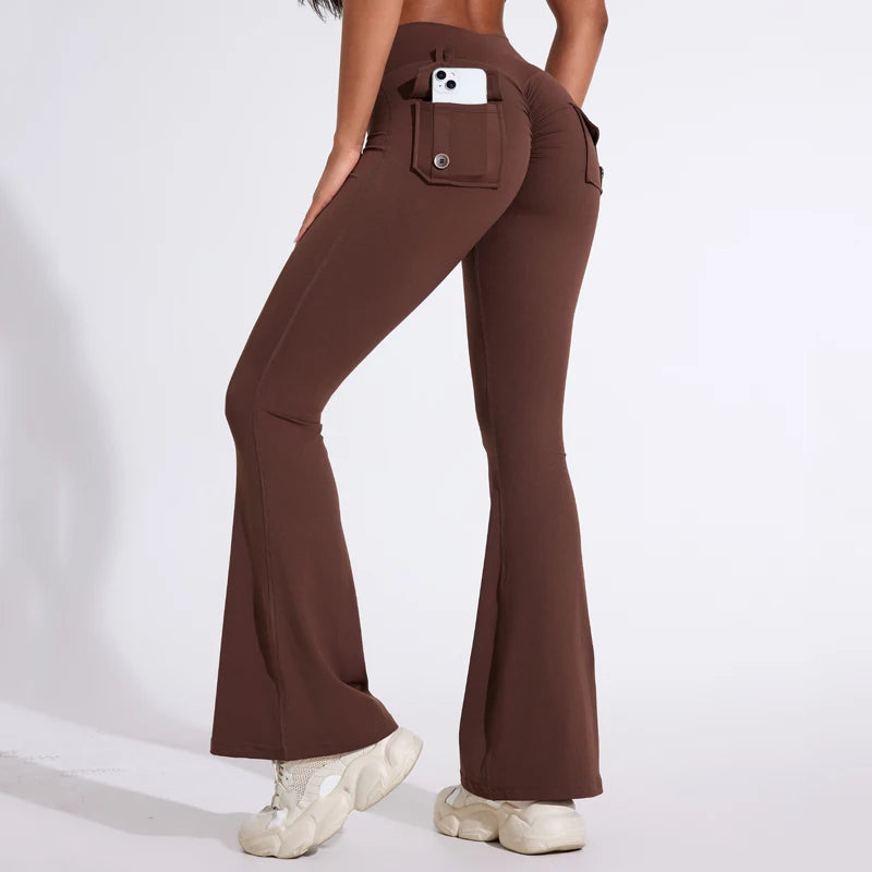 DIAS FIT JOY Women's pocket bell bottoms yoga high waisted hip lifting fitness pants quick drying running exercise fitness gym