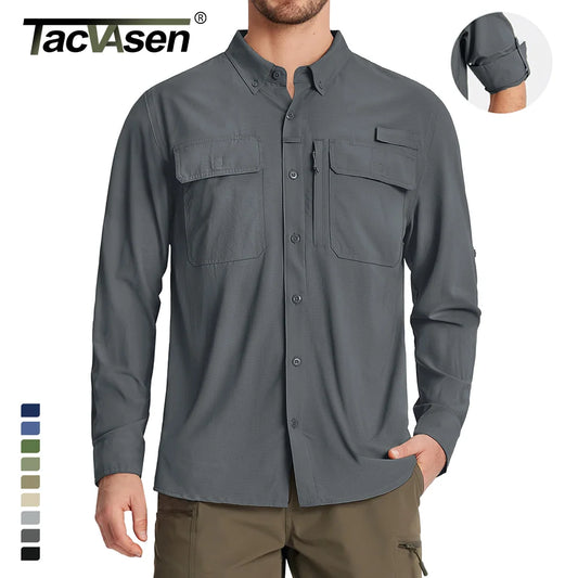TACVASEN UPF 50+ Sun Protection Fishing Shirts Men's Quick Dry Long Sleeve Shirts Mesh Breathable Hiking Work Cargo Shirts
