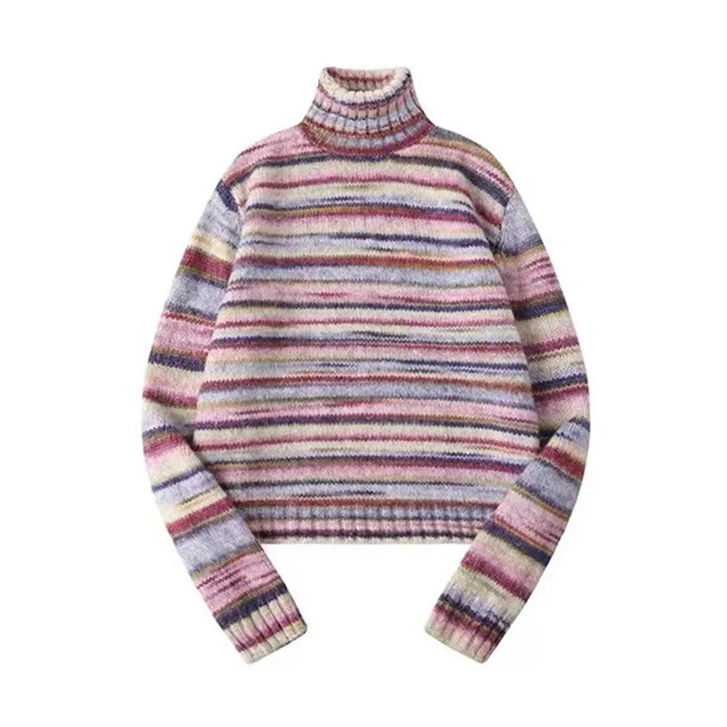 Karrram Japanese Y2k Turtleneck Sweater Vintage Rainbow Striped Pullover Korean Fashion Knitted Jumper Harajuku Grunge Knitwear