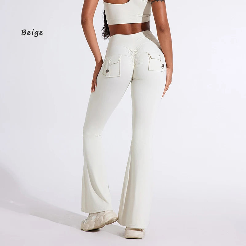 DIAS FIT JOY Women's pocket bell bottoms yoga high waisted hip lifting fitness pants quick drying running exercise fitness gym