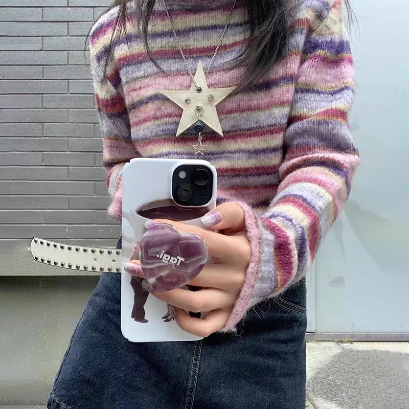 Karrram Japanese Y2k Turtleneck Sweater Vintage Rainbow Striped Pullover Korean Fashion Knitted Jumper Harajuku Grunge Knitwear