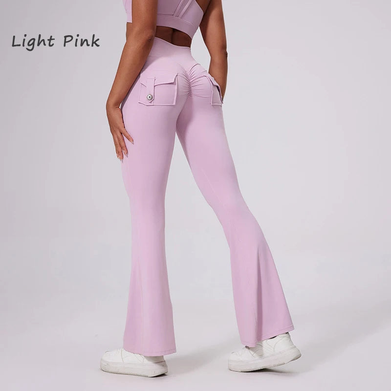 DIAS FIT JOY Women's pocket bell bottoms yoga high waisted hip lifting fitness pants quick drying running exercise fitness gym