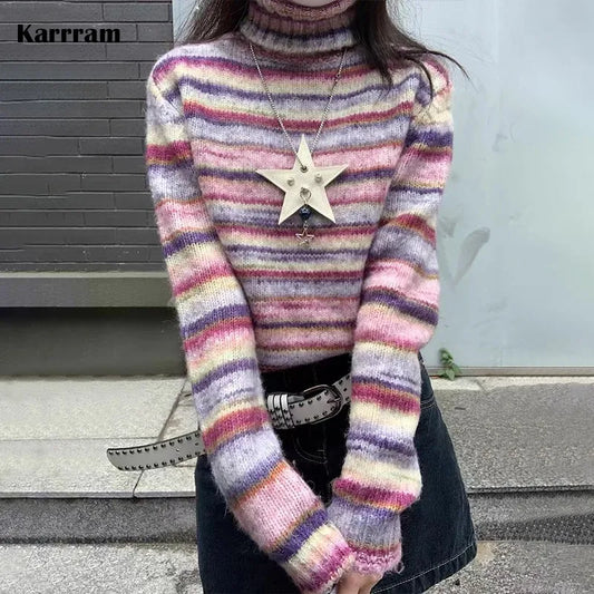 Karrram Japanese Y2k Turtleneck Sweater Vintage Rainbow Striped Pullover Korean Fashion Knitted Jumper Harajuku Grunge Knitwear